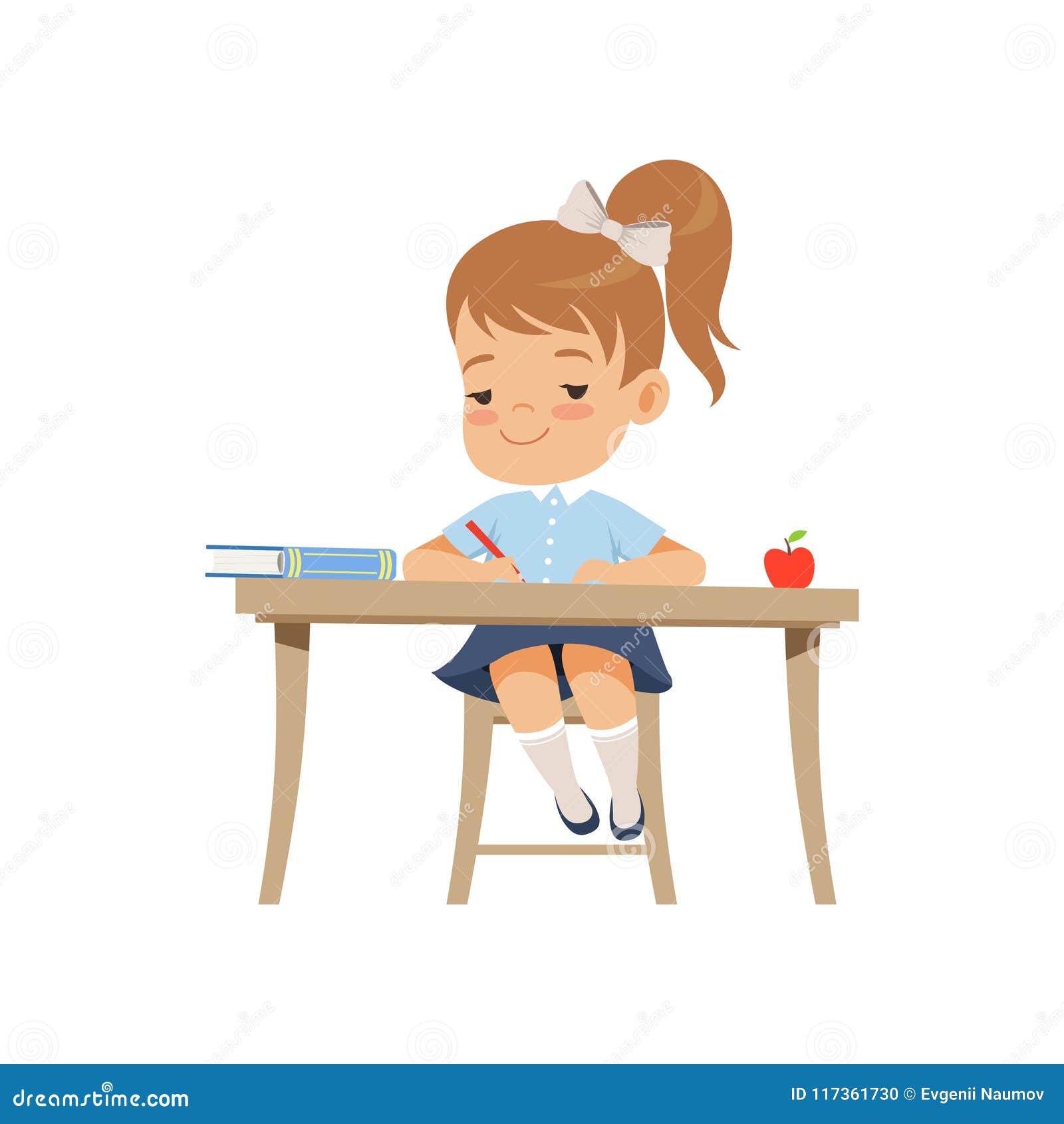 Cute Girl Sitting At The Desk And Writing Elementary School