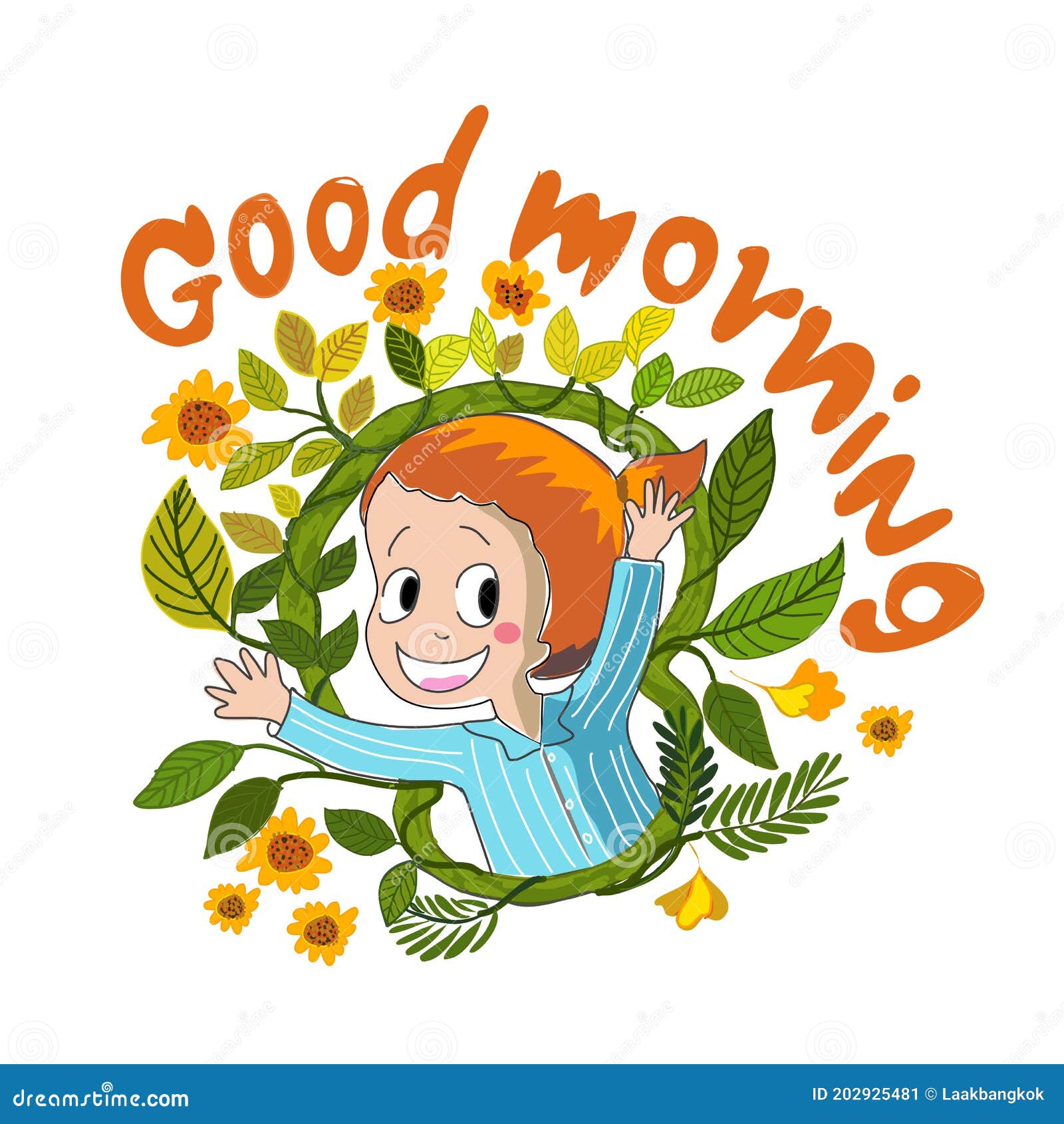 Cute Girl Smile in Nature Flowers and Leaves and Says Good Morning in Hand  Drawn Cartoon Style Vector. Can Use for Card , T-shirt Stock Vector -  Illustration of cute, design: 202925481