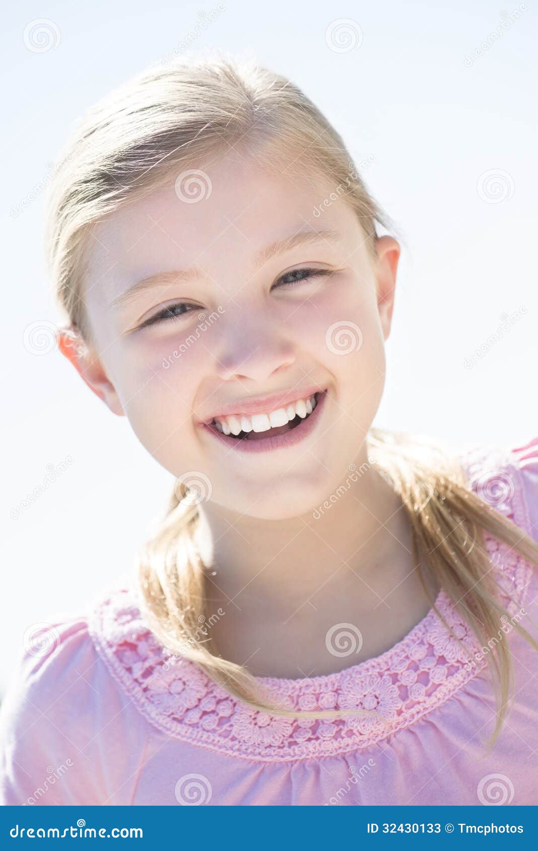 Cute Girl Smiling Against Clear Sky Stock Image - Image of looking ...