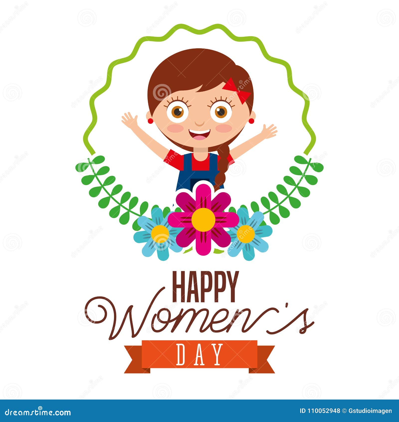 Cute Girl Smiling Round Frame Flowers Happy Womens Day Poster ...