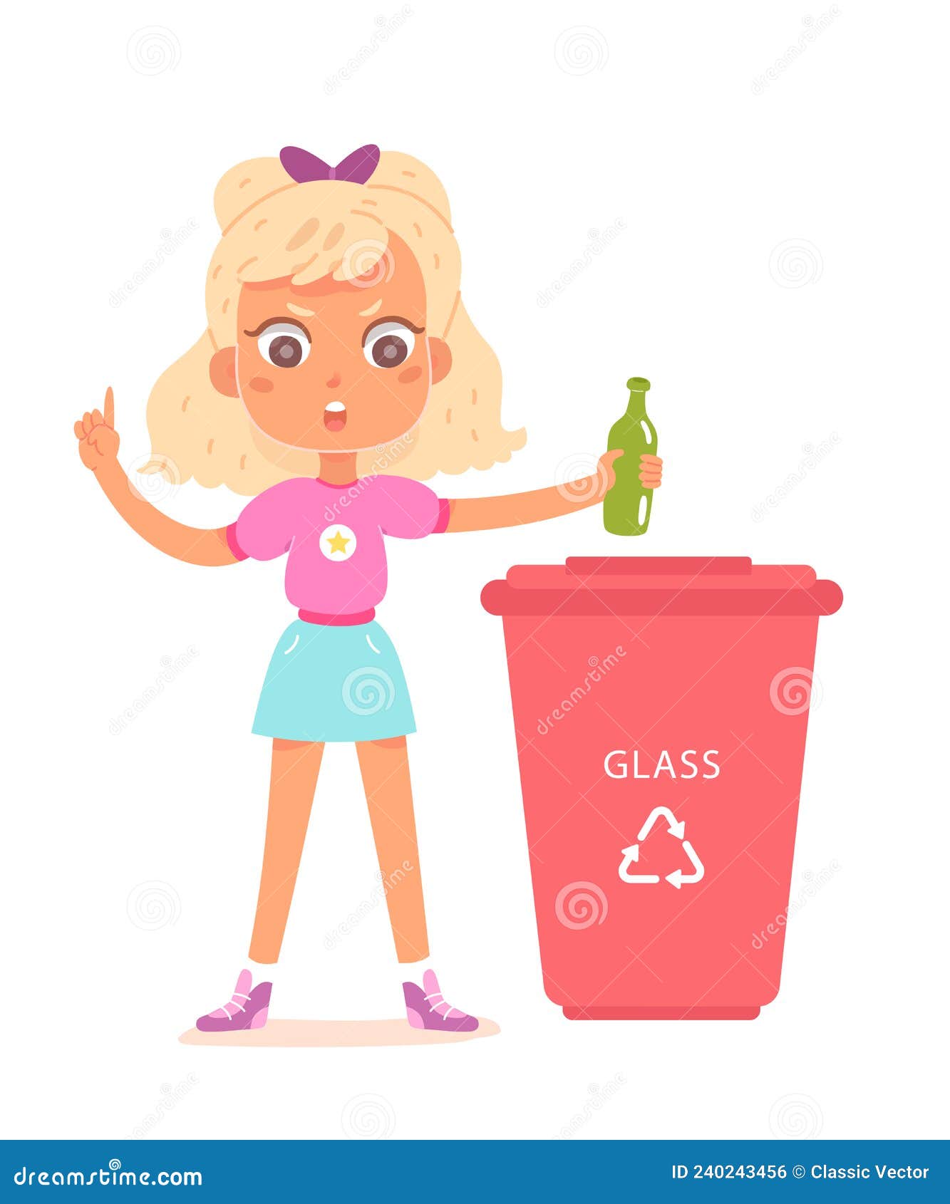 Cute Girl Sorting Glass in Trash Bin Vector Illustration. Cartoon Child  Character Holding Bottle, Throwing Garbage in Stock Vector - Illustration  of young, segregation: 240243456