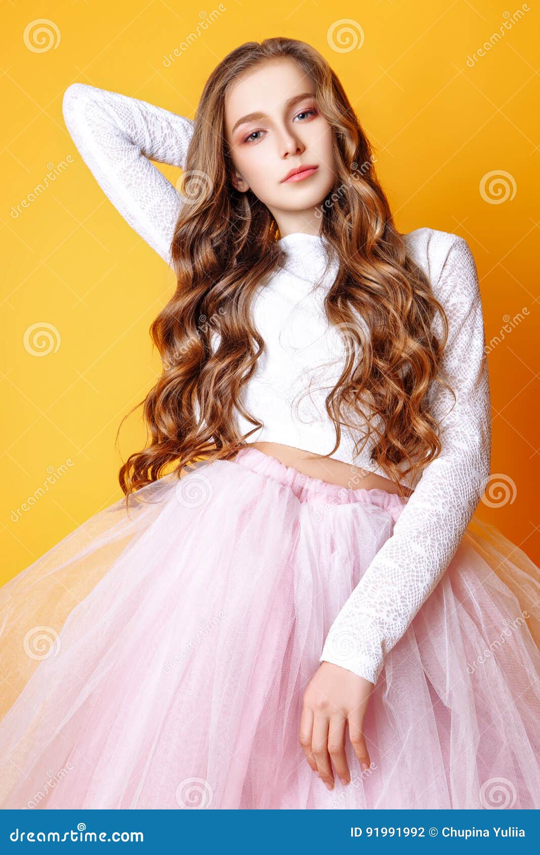 Cute Girl Teenage With Long Curly Hair Posing Studio Nature