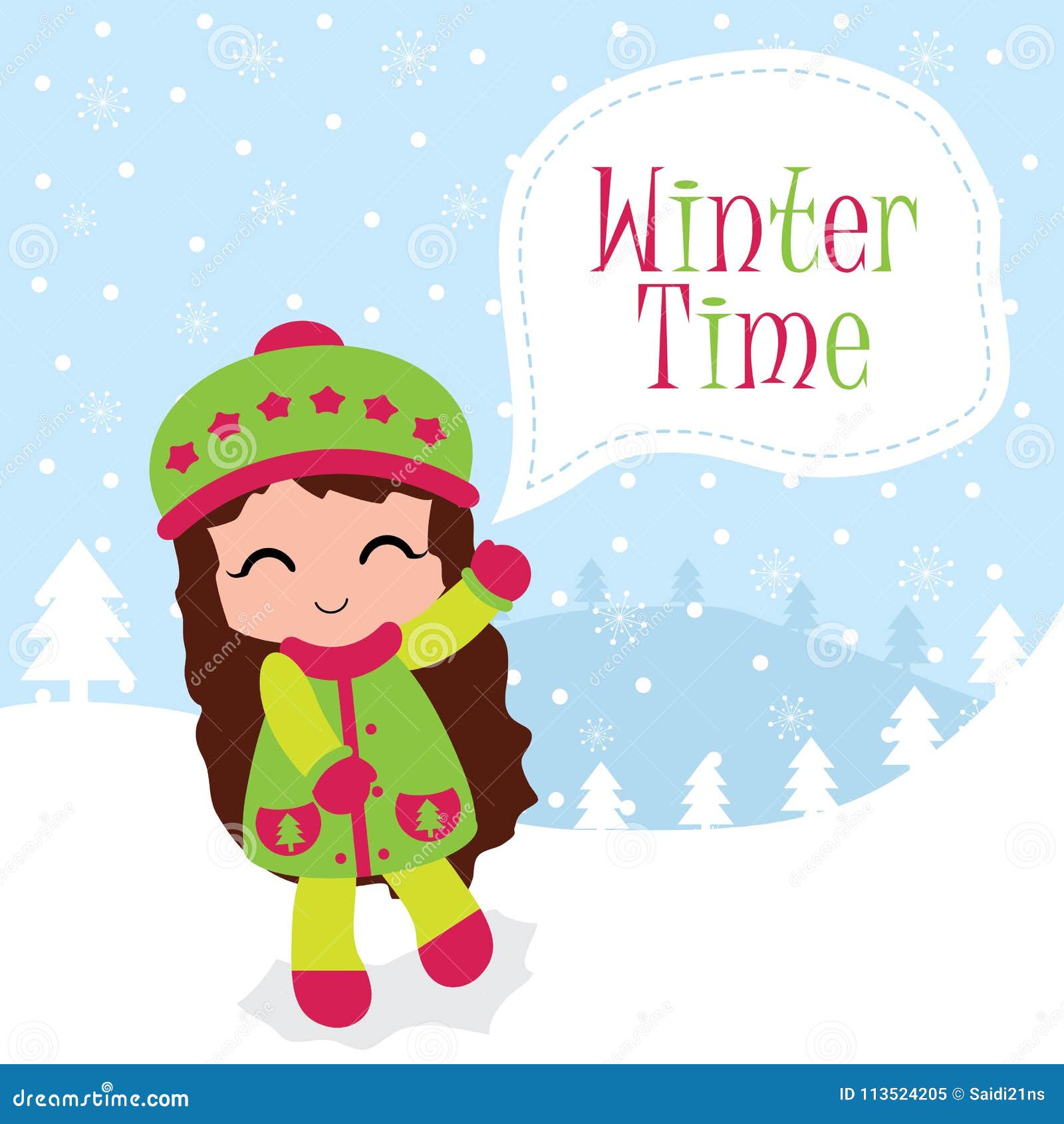 Cute Girl and Winter Time Text Suitable for Christmas Card Stock  Illustration - Illustration of colorful, adorable: 113524205