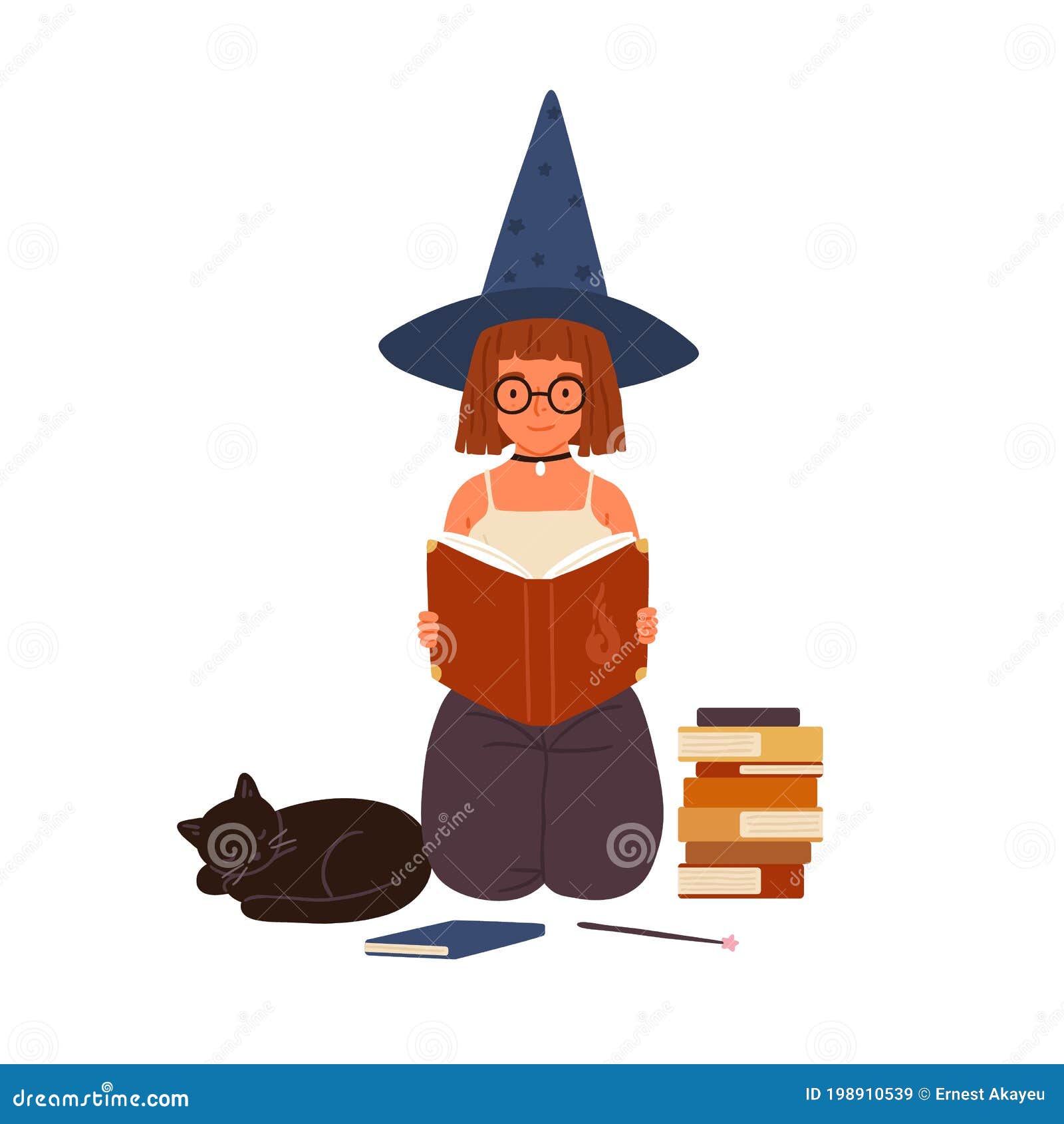 cute girl in witch hat read magic book. portrait of young female wizard or sorcerer. little mage studying wizardry