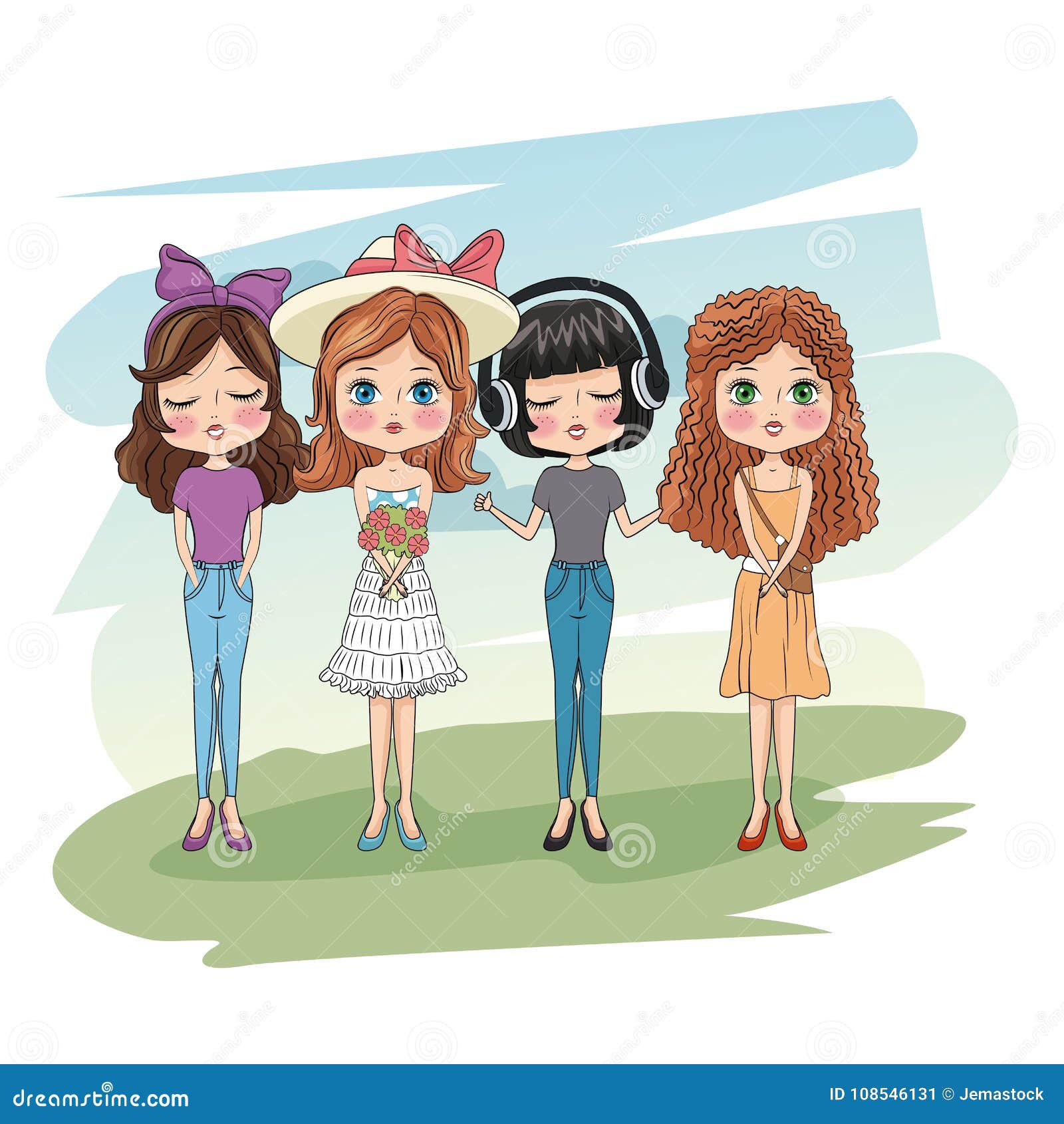 Cute girls friends cartoon stock vector. Illustration of flowers ...