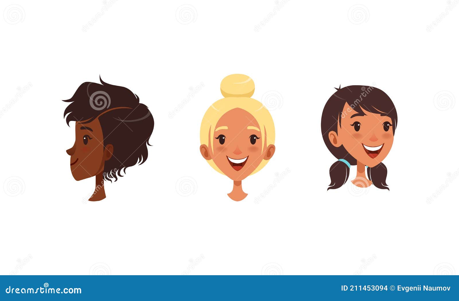 Cute Girls Head in Different Views and Hairstyle Set, Joyful Girl in Front,  Profile Side, Three Quarter View Cartoon Stock Vector - Illustration of  character, pose: 211453094