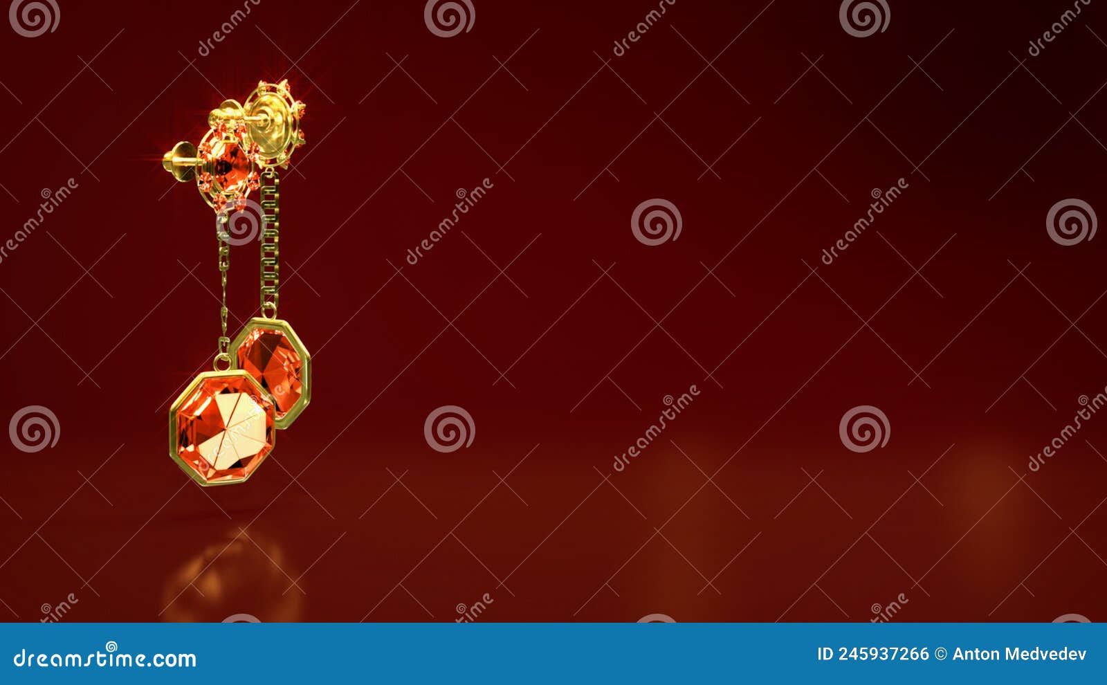 cute gold eardrops with ruby gems on red backdrop, fictional  - object 3d rendering