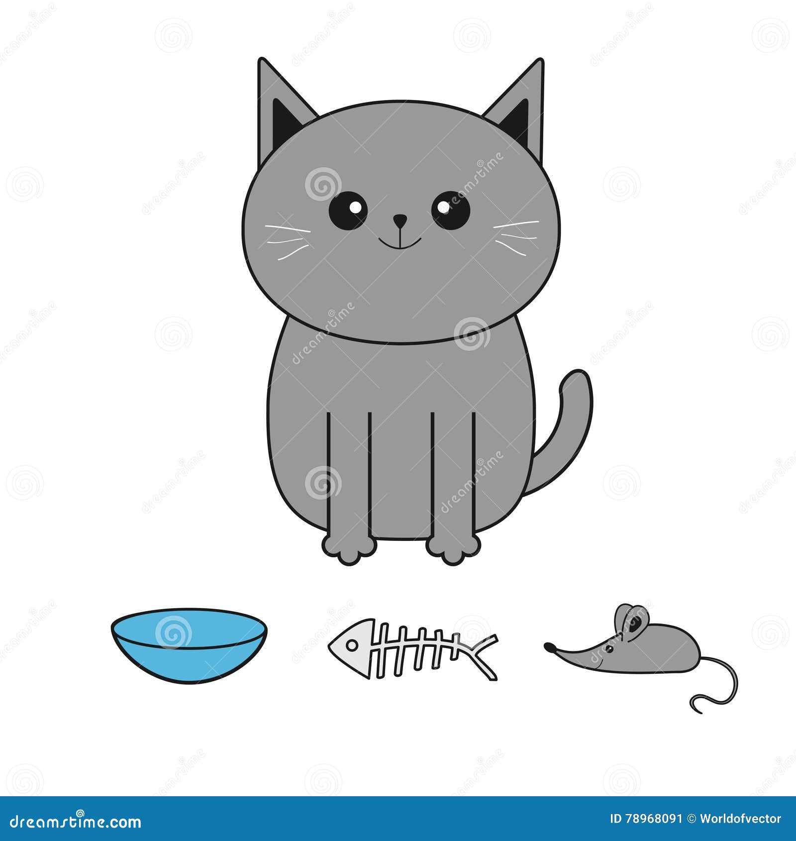 Cute Gray Cartoon Cat Mustache Whisker Bowl Fish Bone Mouse Toy Stock Vector Illustration Of Cartoon Drawing