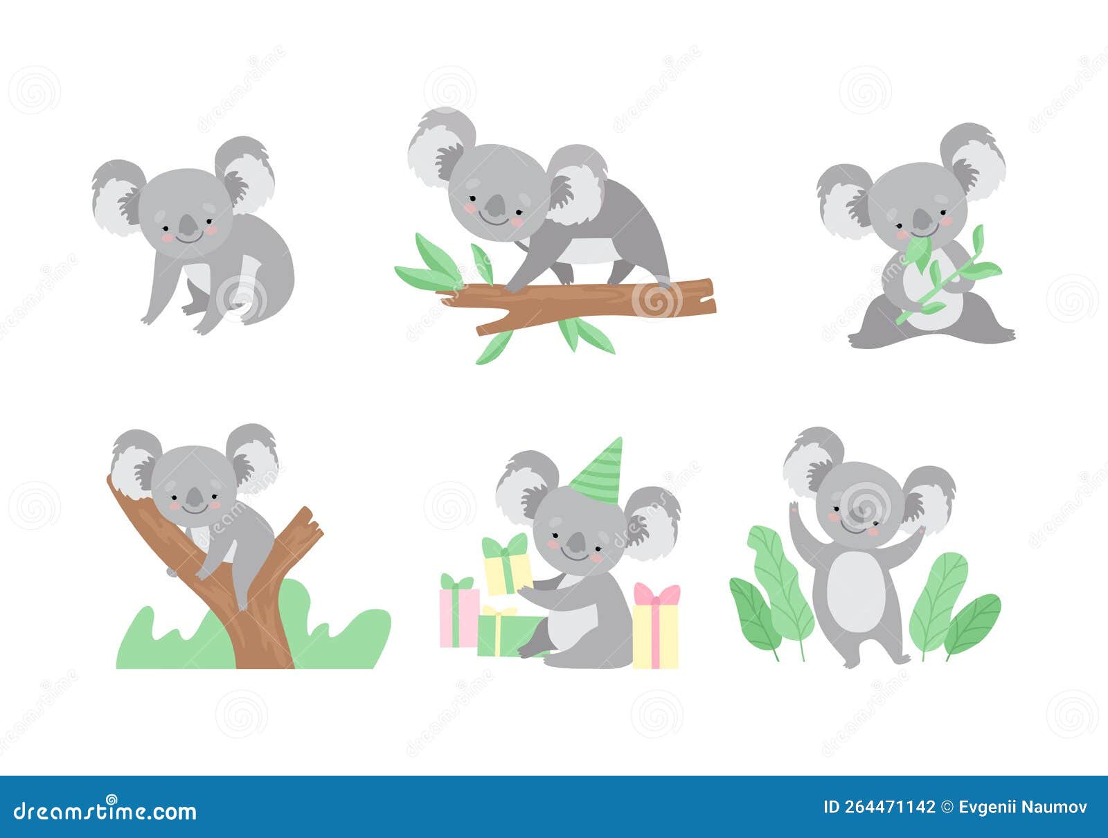 Cute Gray Koala Bear with Large Ears Engaged in Different Activity
