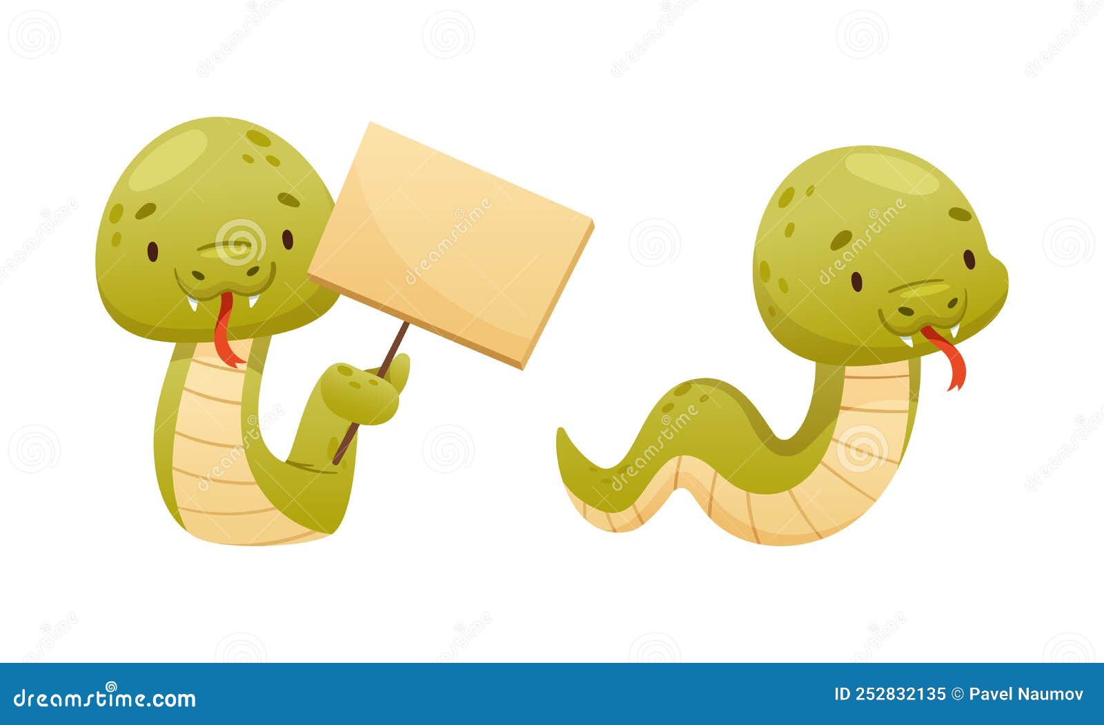 Cute Green Baby Snake As Crawling Creature Holding Empty Signboard and