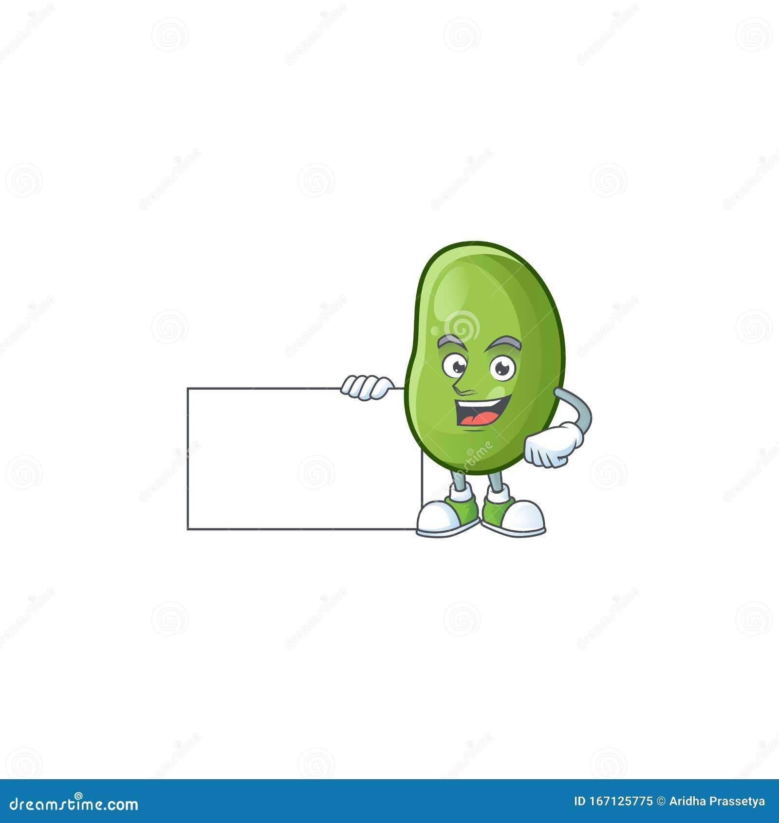 Cute Green Beans Cartoon Character with a Board Stock Vector
