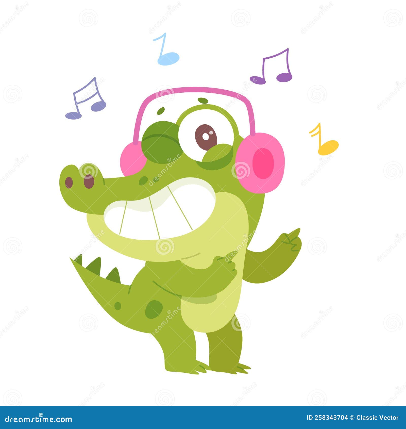 Cute Green Crocodile Character Wearing Pink Headphones To Listen Fun Jungle  Music Stock Vector - Illustration of jungle, listen: 258343704