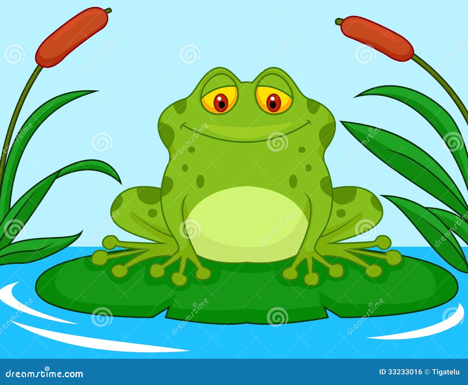 cute green frog cartoon on a lily pad