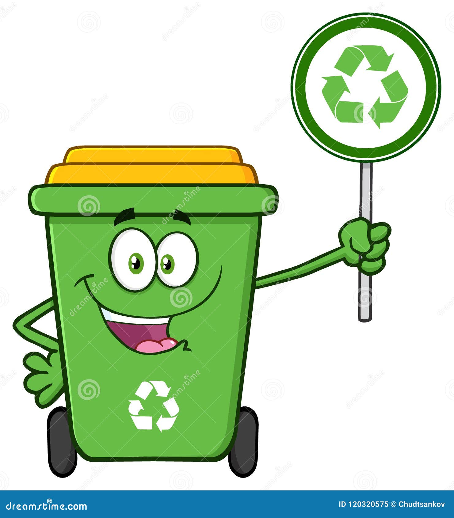 cute green recycle bin cartoon mascot character holding a recycle sign