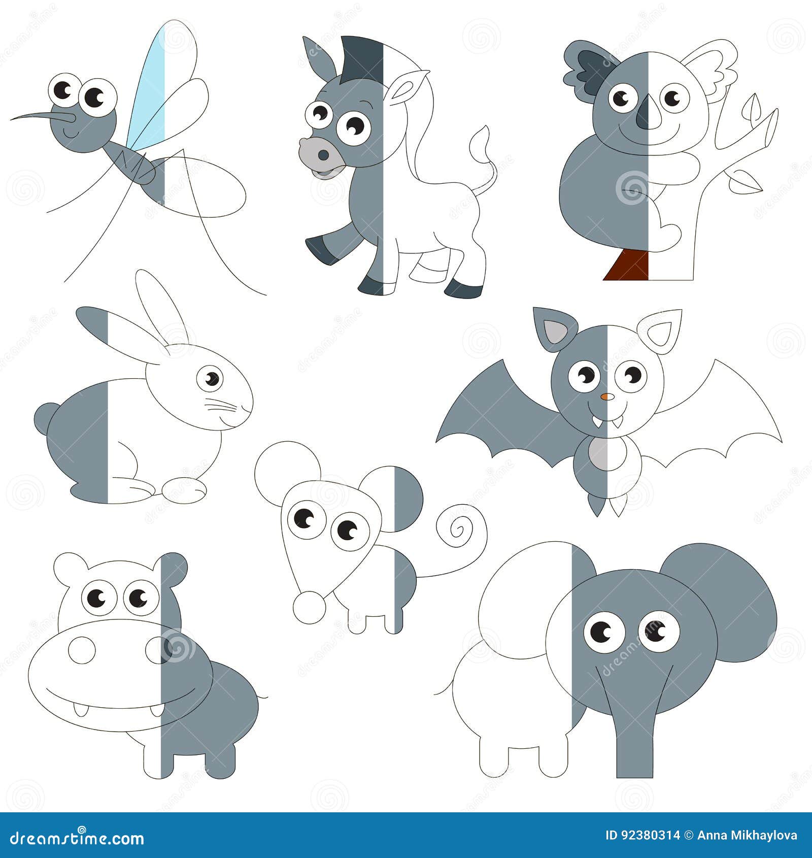 Cute Grey Color Animals, the Big Kid Game To Be Colored by Example ...