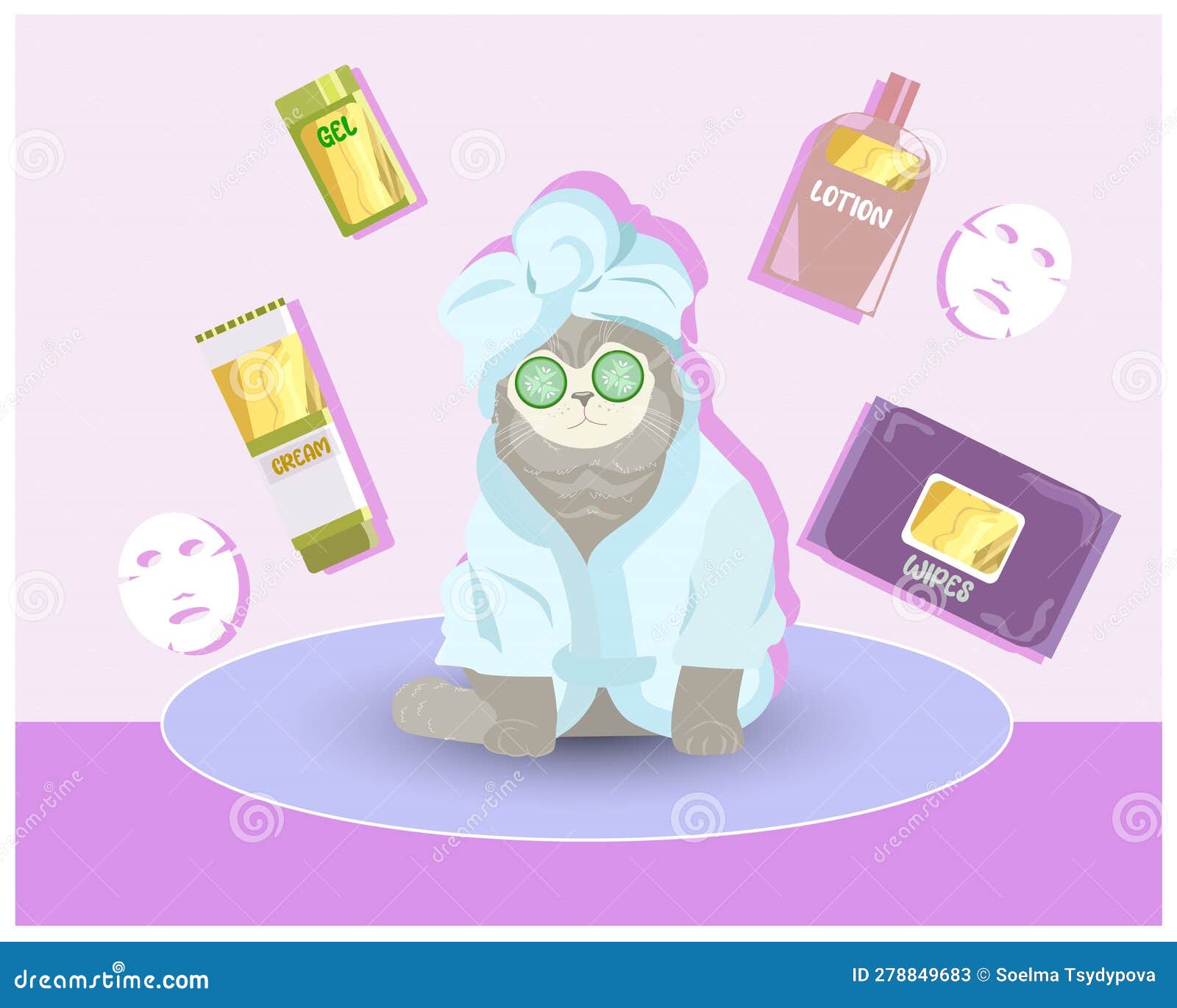 Cute Grooming Kit, Jars of Tissues for the daily Routine. Cute Cat in a Face Mask and Robe Stock