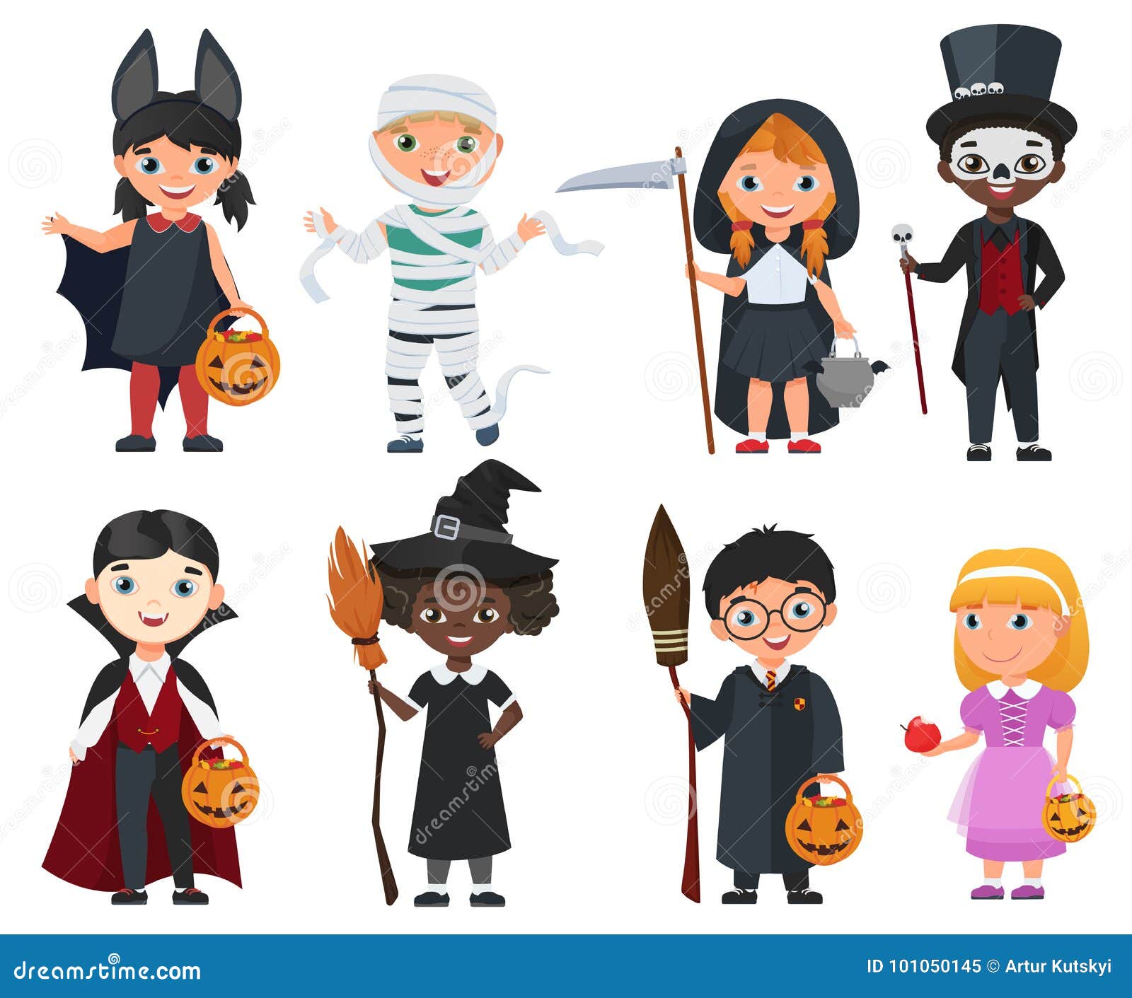 Cute Halloween Kids Set. Cartoon Vector Illustration Stock Vector ...