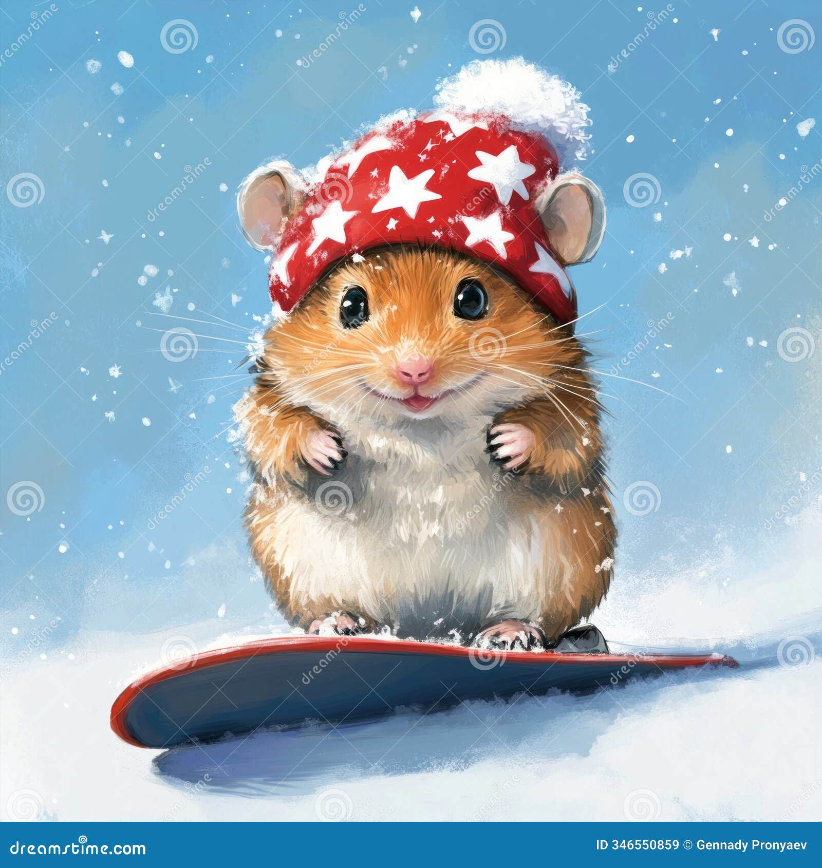 cute hamster snowboarding in winter hat with snowflakes