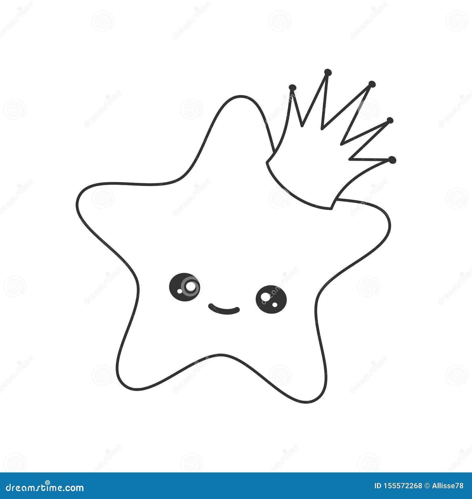 Cute Hand Drawn Black and White Cartoon Star with Crown Vector ...