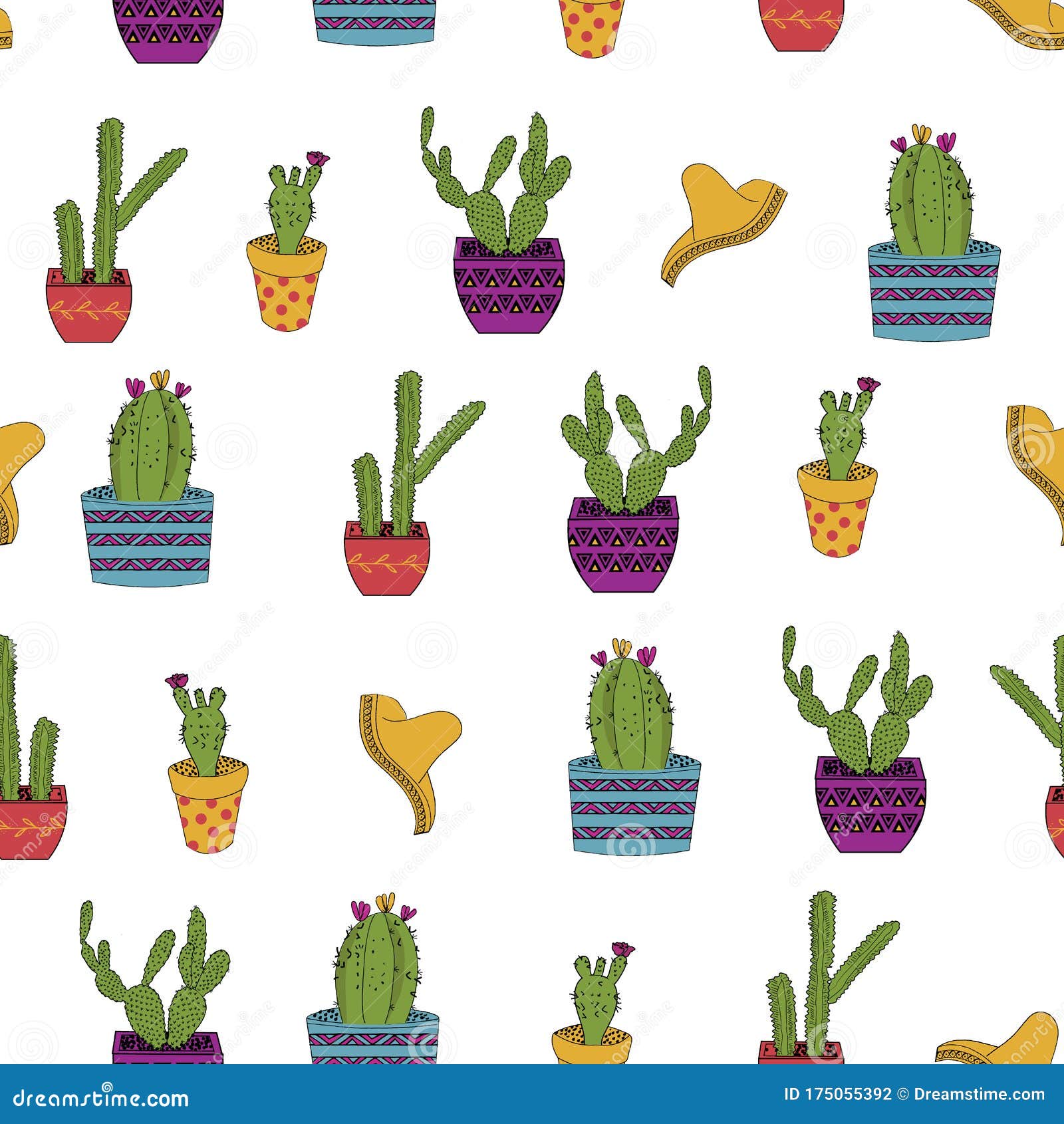 Cute Hand Drawn Cacti and Mexican Hats Seamless Vector Pattern