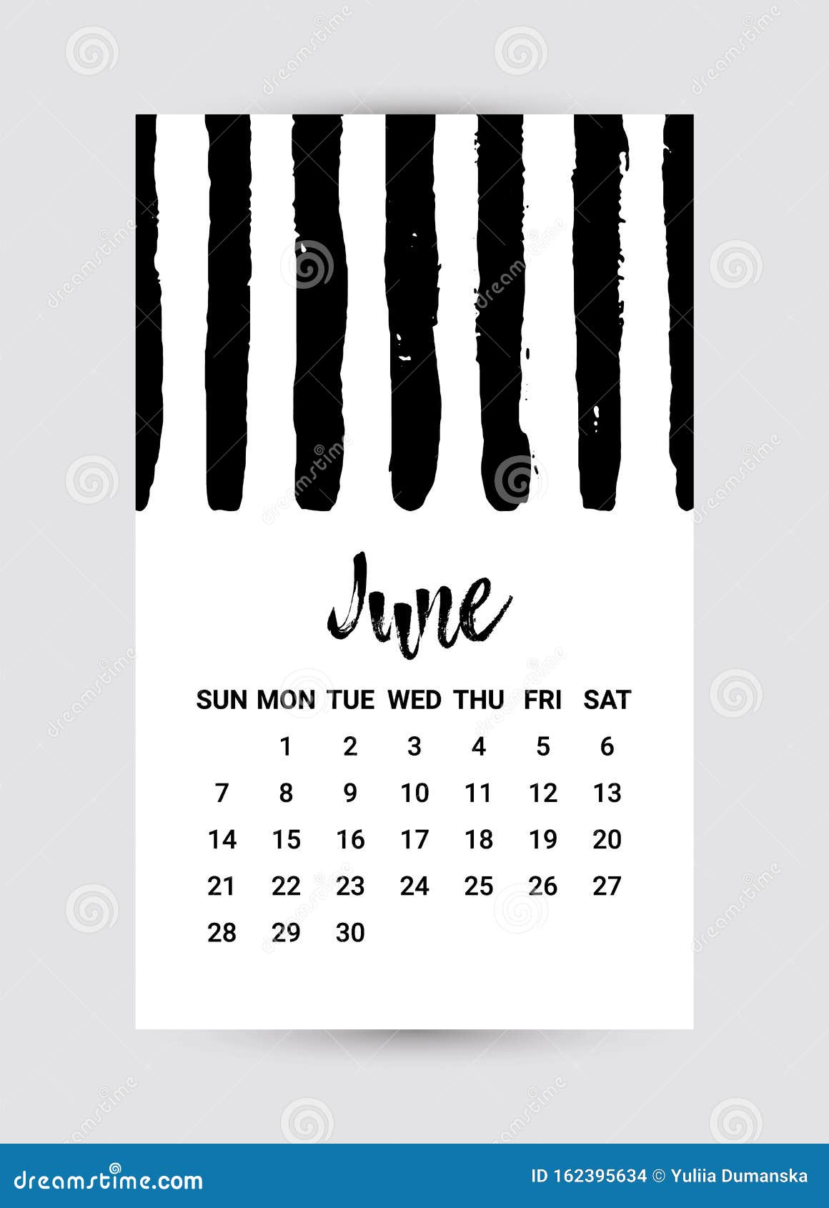 Vector Freehand Calendar 2020. June Month. Creative Black and White