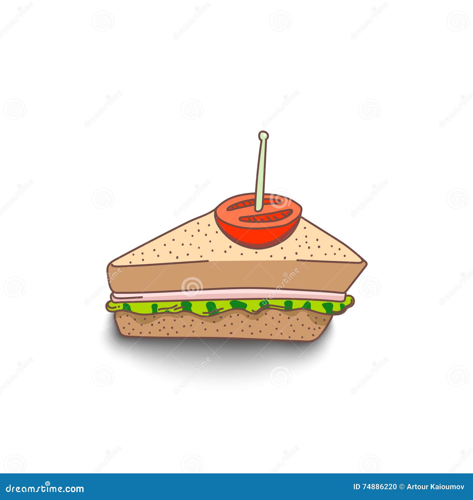 Cute Handdrawn Cartoon Style Sandwich with Shadow on White Background