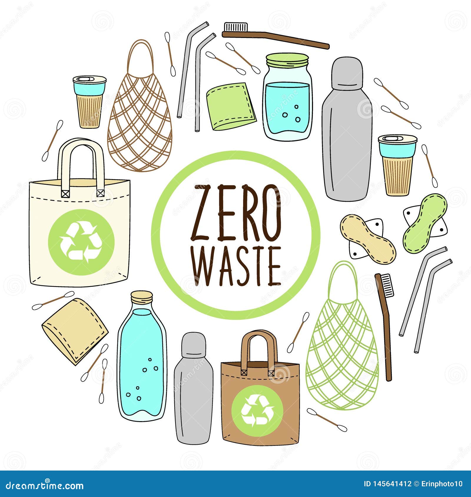 Zero Waste And Eco Friendly Items Flat Vector Illustrations Set ...