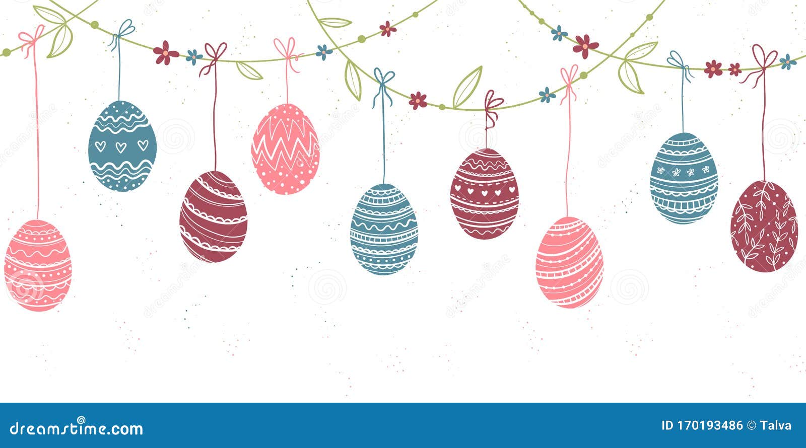 Cute Hand Drawn Hanging Easter Eggs Horizontal Seamless Pattern, Fun