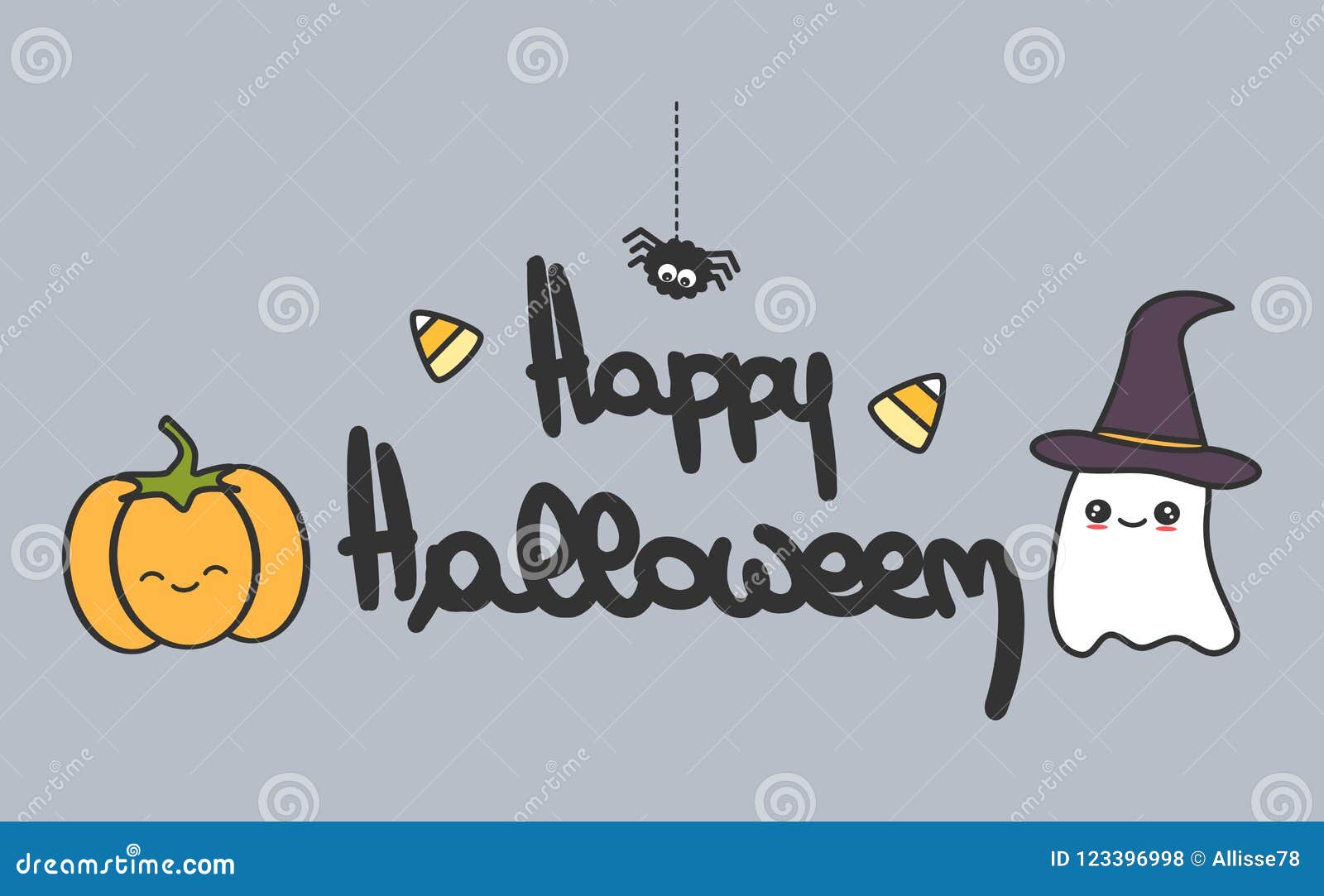 Cute Hand Drawn Lettering Happy Halloween Vector Banner with Cartoon  Pumpkin, Spider, Ghost and Candies Stock Vector - Illustration of graphic,  invitation: 123396998