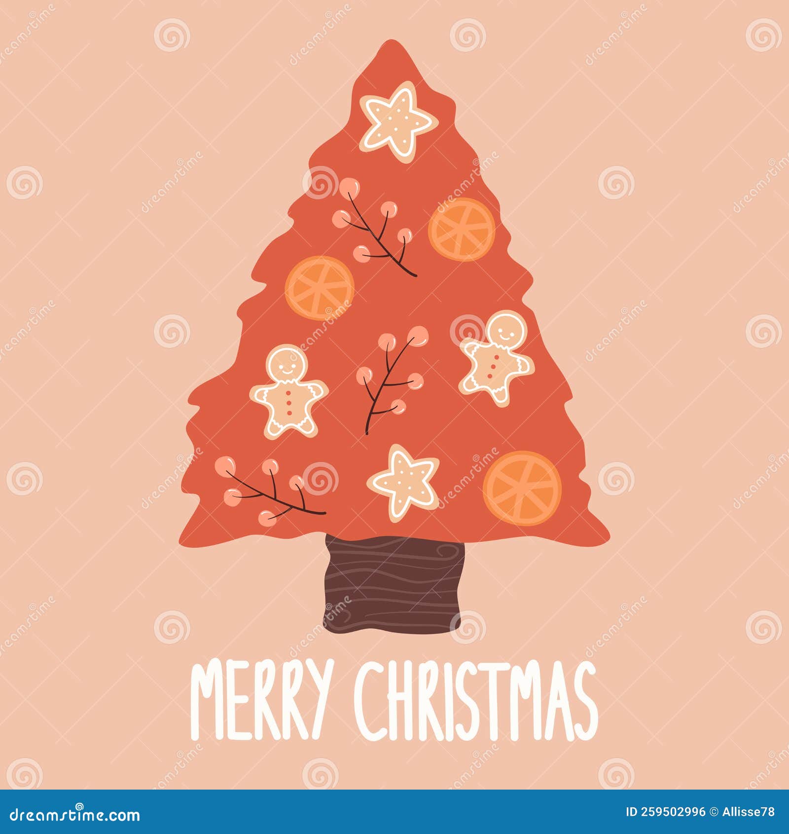 Cute Cartoon Hand Drawn Merry Christmas Vector Card with Red Christmas