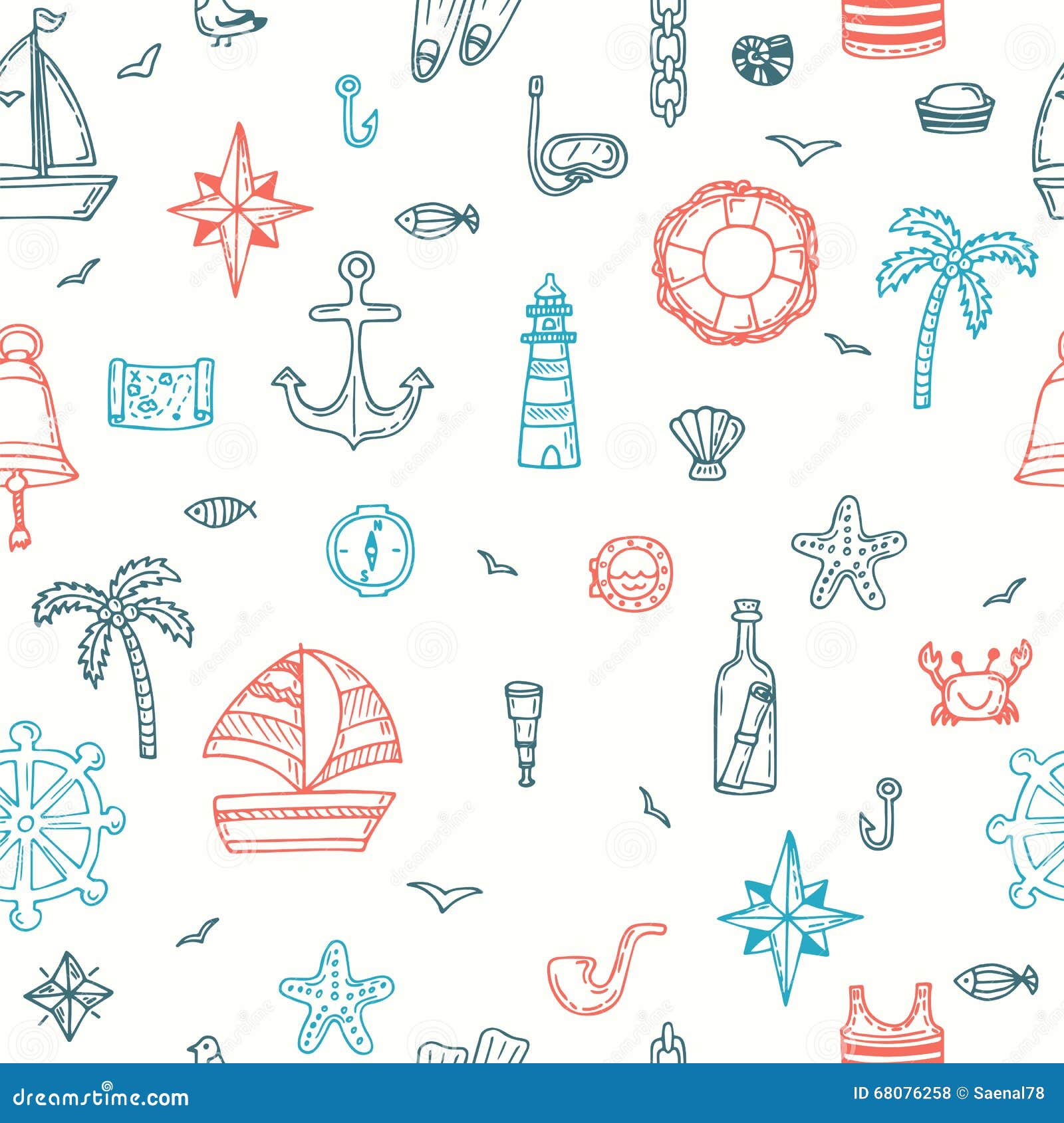 Cute Hand Drawn Seamless Pattern with Nautical Elements. Marine Stock ...