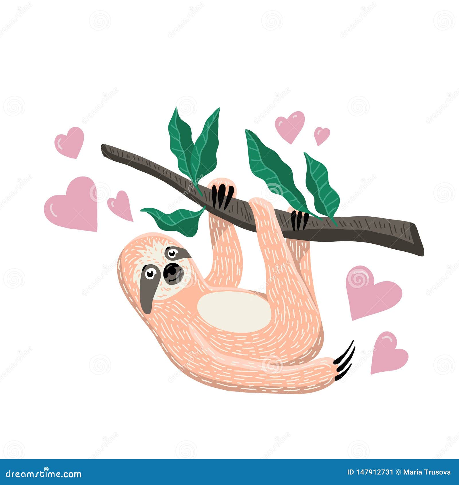 Cute Hand Drawn Sloth Hanging on the Tree Branch. Cartoon Flat Style ...