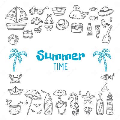 Cute Hand Drawn Summer Time Collection. Beach Theme Doodle Set Stock ...