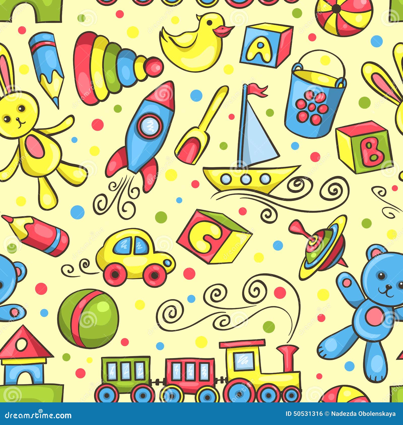 Cute Hand-drawn Vector Seamless Pattern with Toys Stock Vector