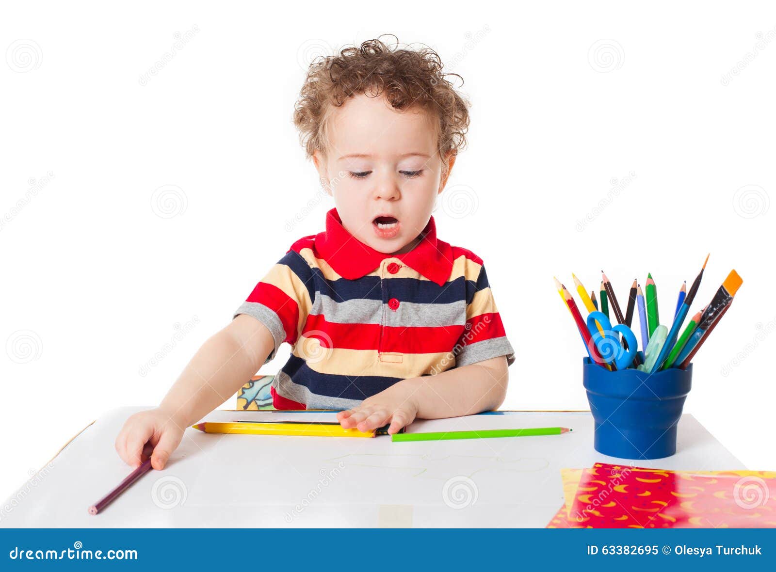 Cute Happy Baby Boy Drawing With Pencil Stock Image Image Of Infant Happiness 63382695