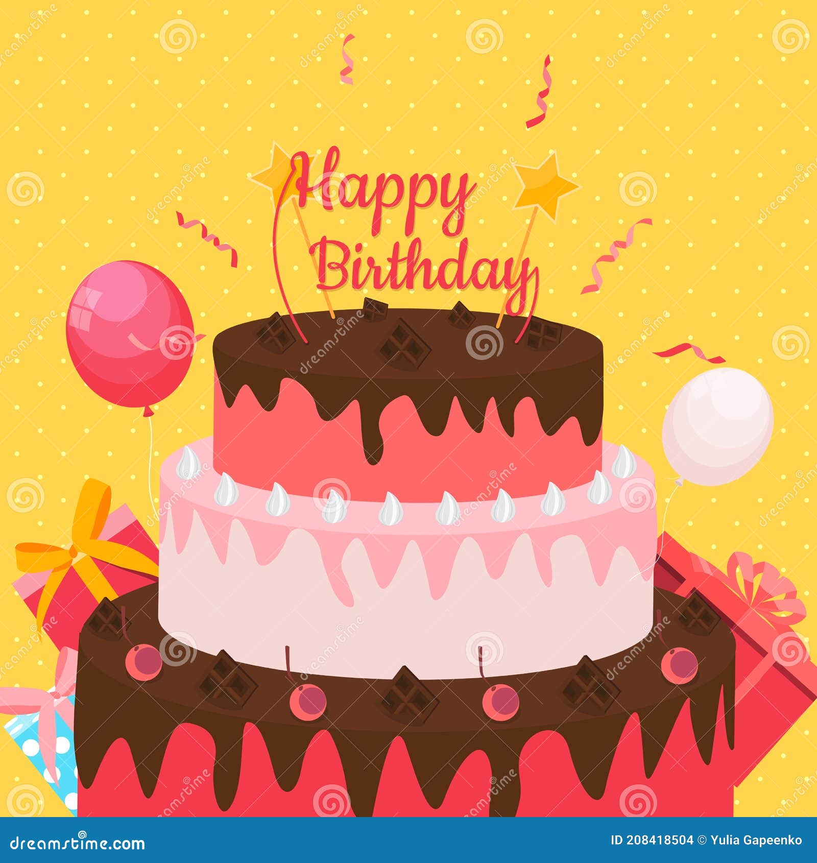 Cute Happy Birthday Background with Gift Box, Cake and Candles. Design ...