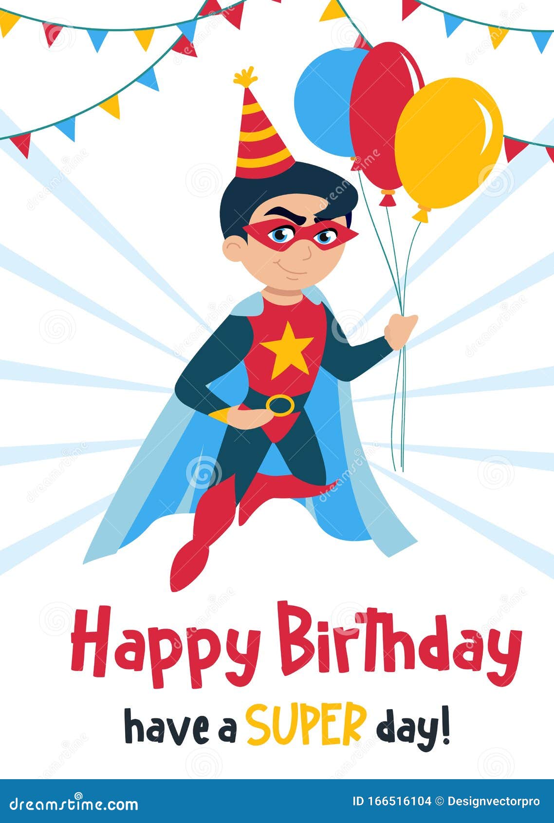 cute happy birthday greeting card boy vector illustration festive template smiling kid superhero costume holding air 166516104