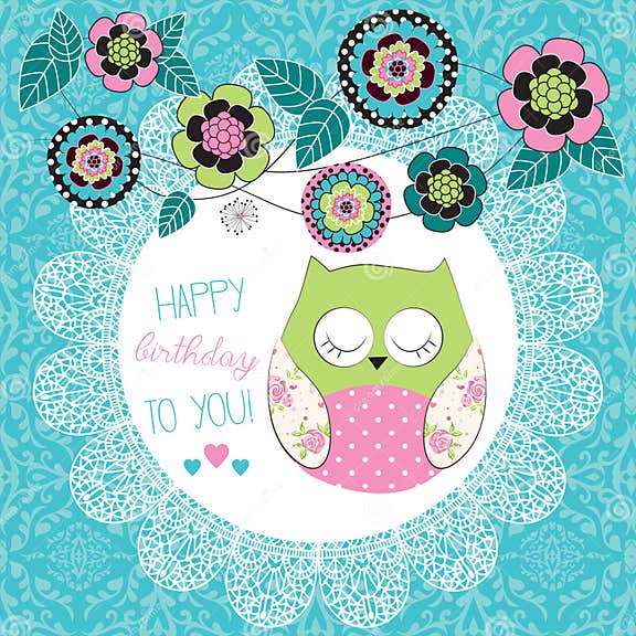 Cute Happy Birthday Owl Illustration Stock Vector - Illustration of ...