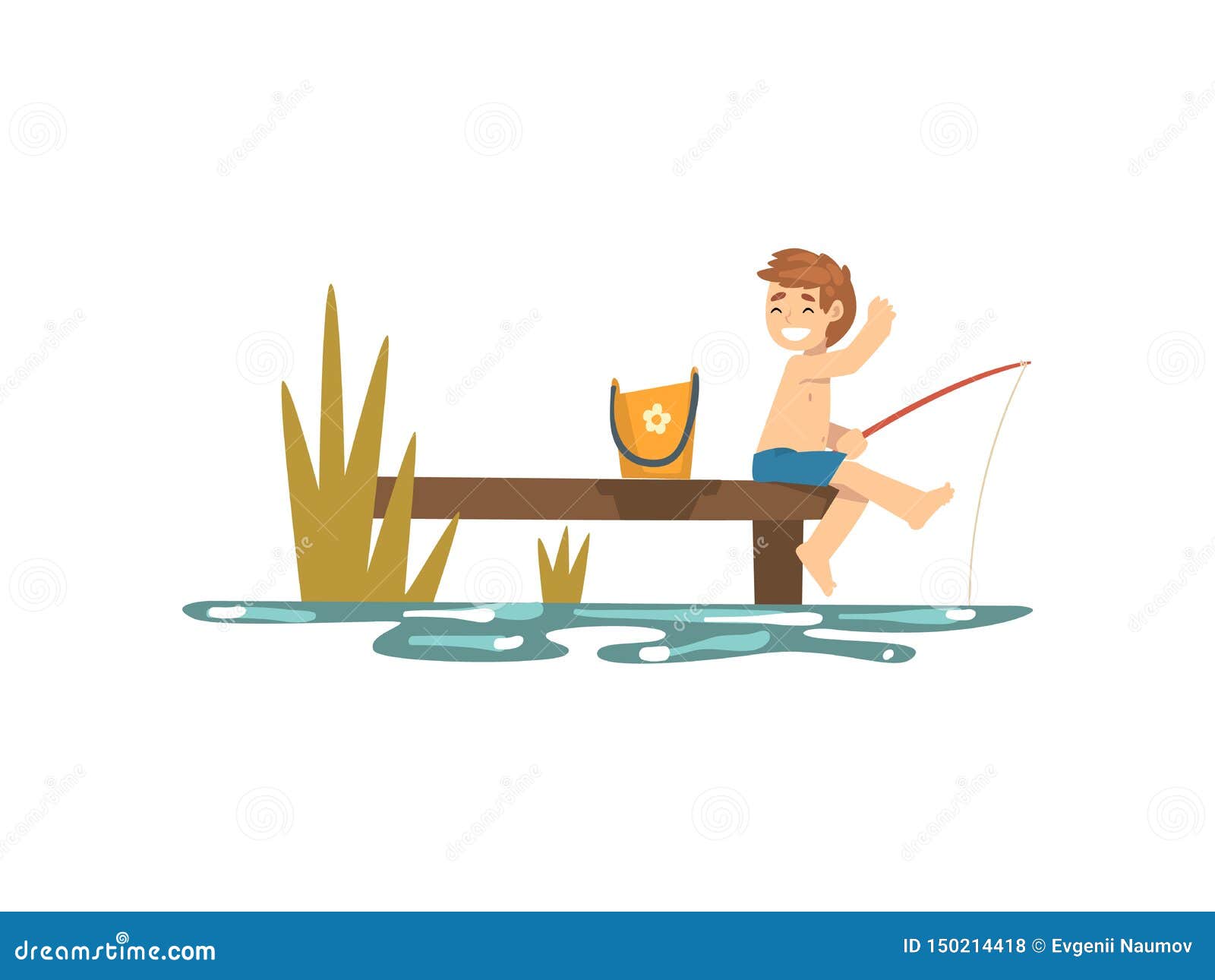 Download Cute Happy Boy Fishing From Pier Into Sea Or River Shore, Fisherman Cartoon Character With ...