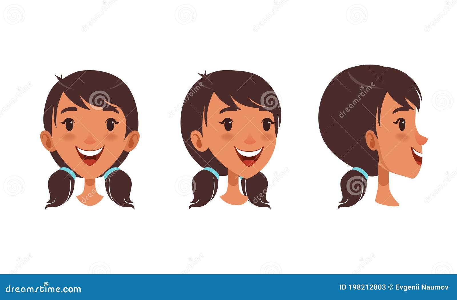 Cute Happy Brunette Girl Set, Different View of Girl Face, Front, Profile  Side and Three Quarter View Cartoon Style Stock Vector - Illustration of  brunette, cute: 198212803