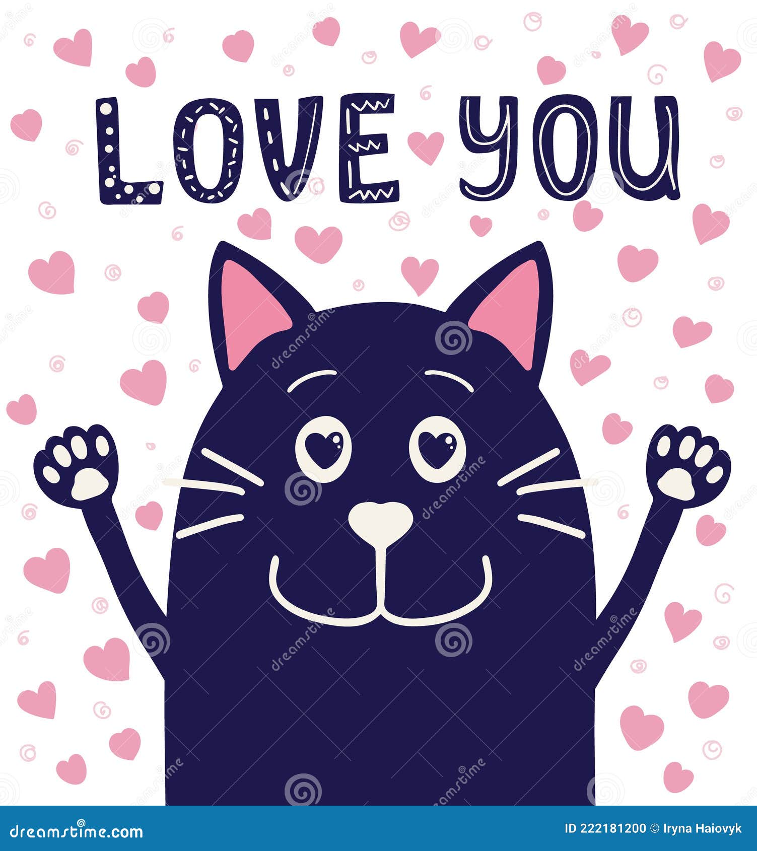 Cute Happy Cartoon Blue Cat with Text Love You. Vector Isolated on ...