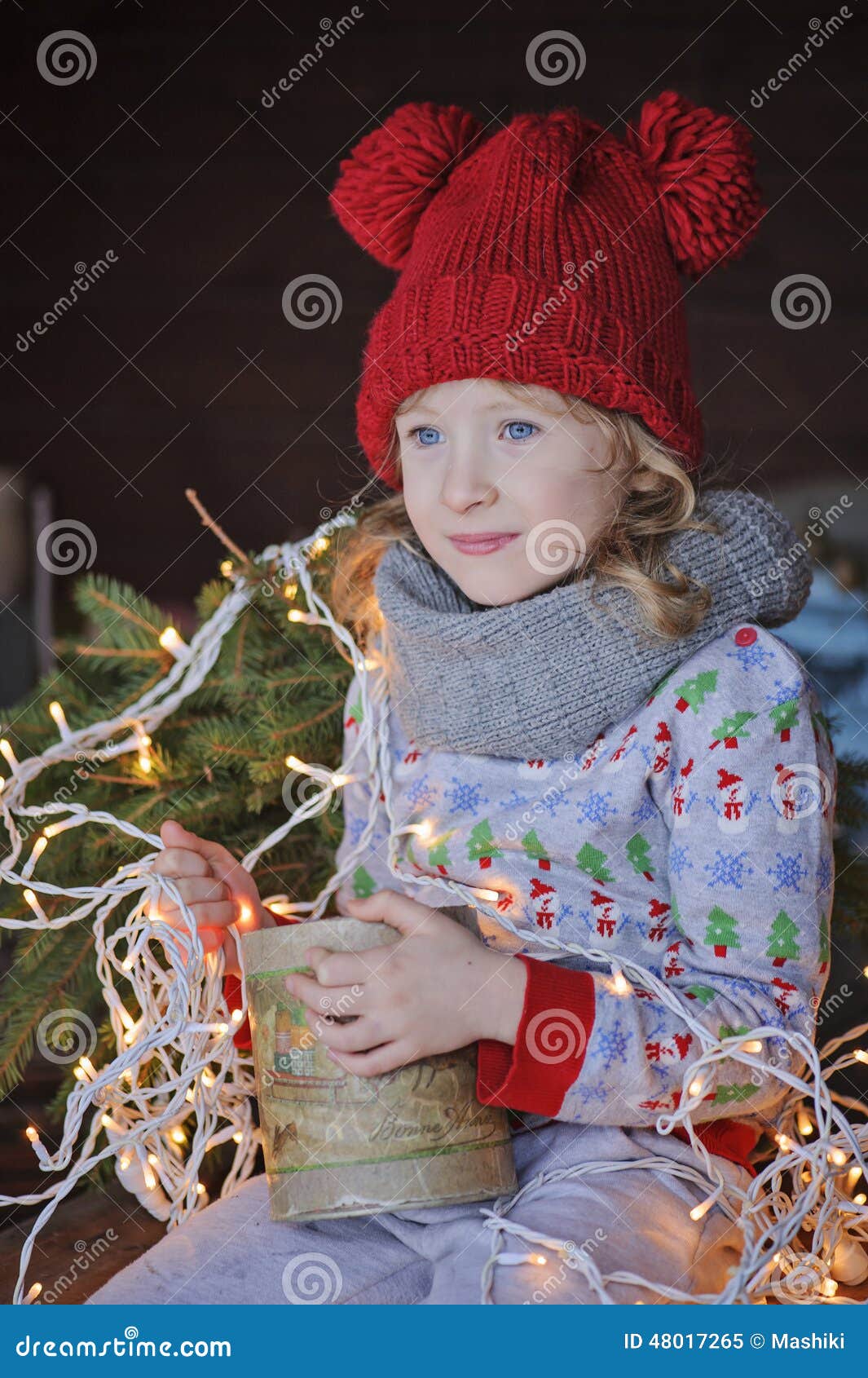 Cute Happy Child Girl in Christmas Hat and Sweater Outdoor Portrait ...