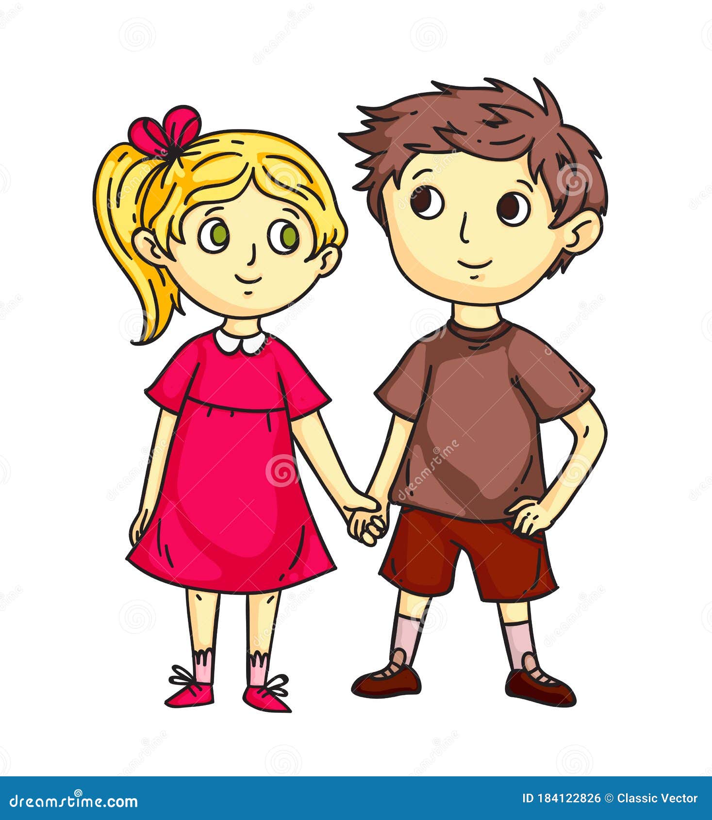 Cute Happy Children Holding Hand In Hand Flat Cartoon Smiling Preschool Girl And Boy Standing Together Childhood And Stock Vector Illustration Of People Emotion