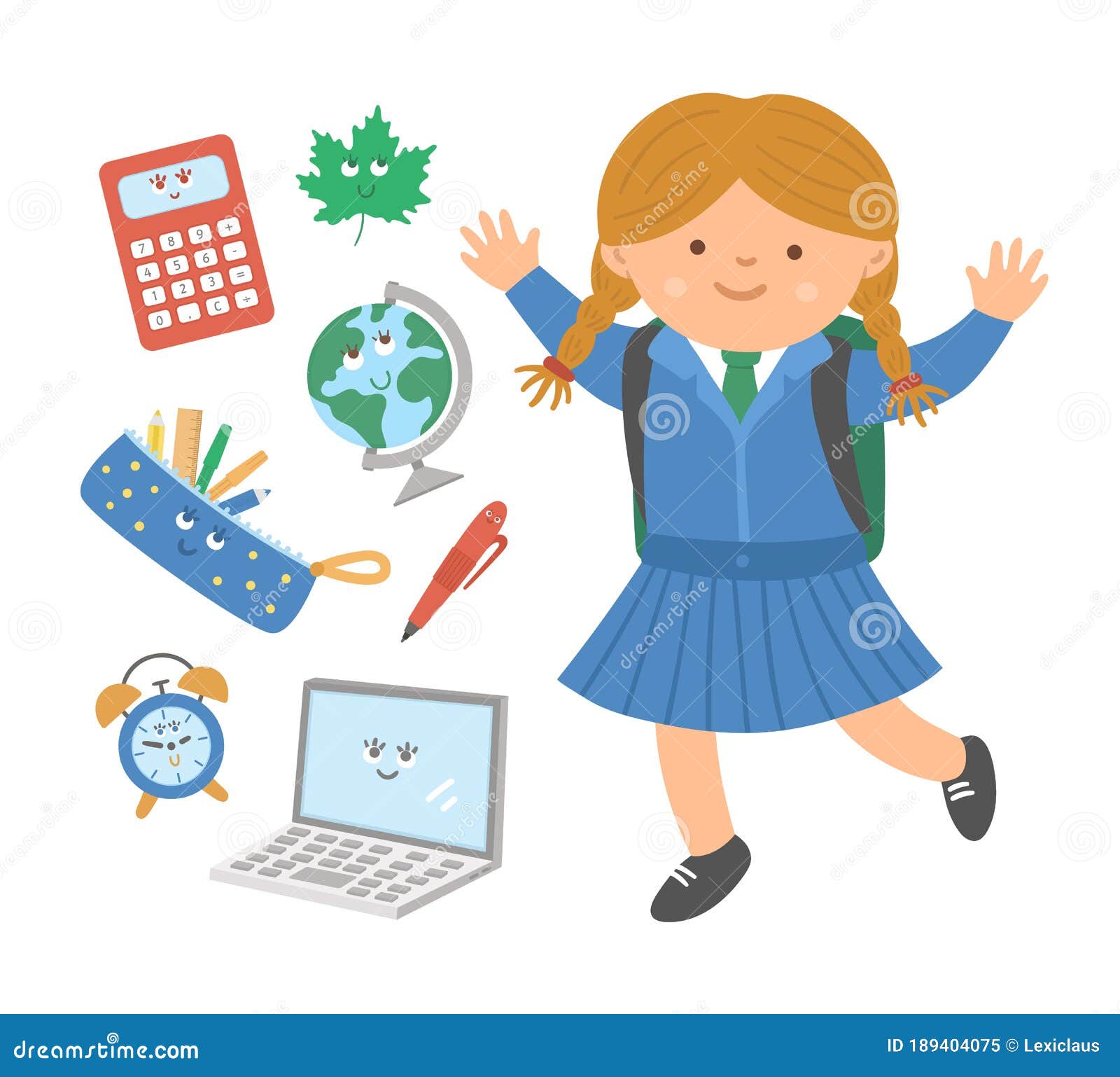 Cute Happy Jumping Schoolgirl With Flat Style Kawaii Classroom Objects Back To School Vector Set Of Smiling Elements With Pupil Stock Vector Illustration Of Girl Clipart