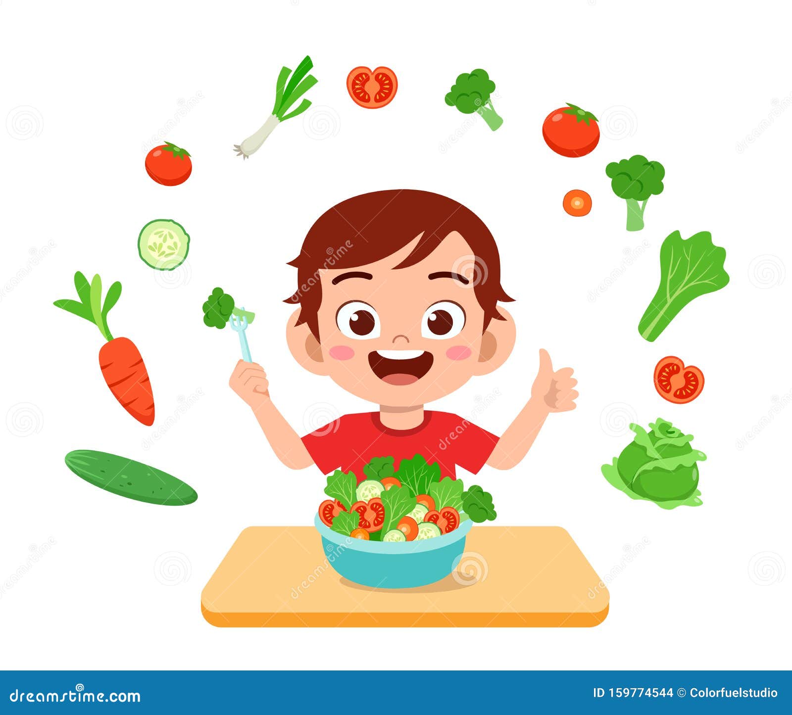 Cute Happy Kid Eat Salad Vegetable Fruits Stock Vector - Illustration of  parenting, child: 159774544
