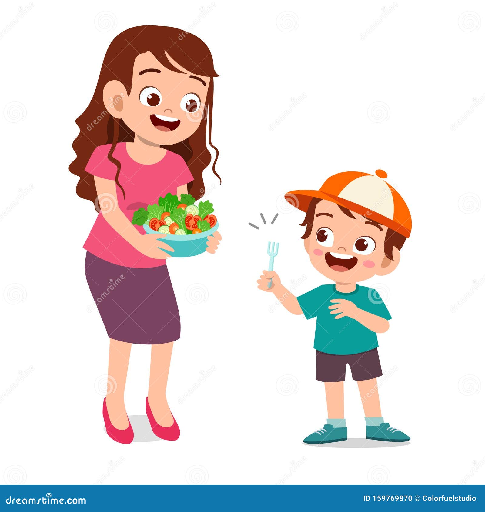 Cute Happy Kid Eat Salad Vegetable Fruits Stock Illustration ...