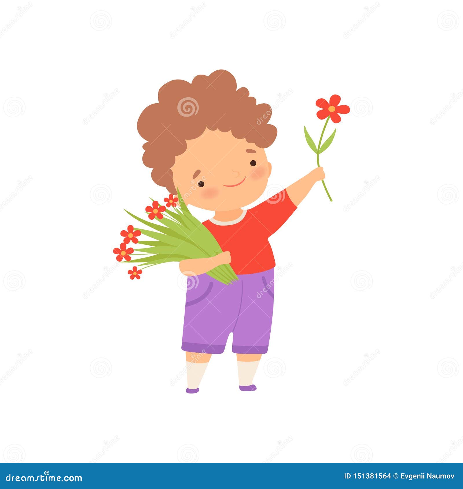 Cute Happy Little Boy with Bouquet of Flowers Cartoon Vector Illustration  Stock Vector - Illustration of flower, little: 151381564