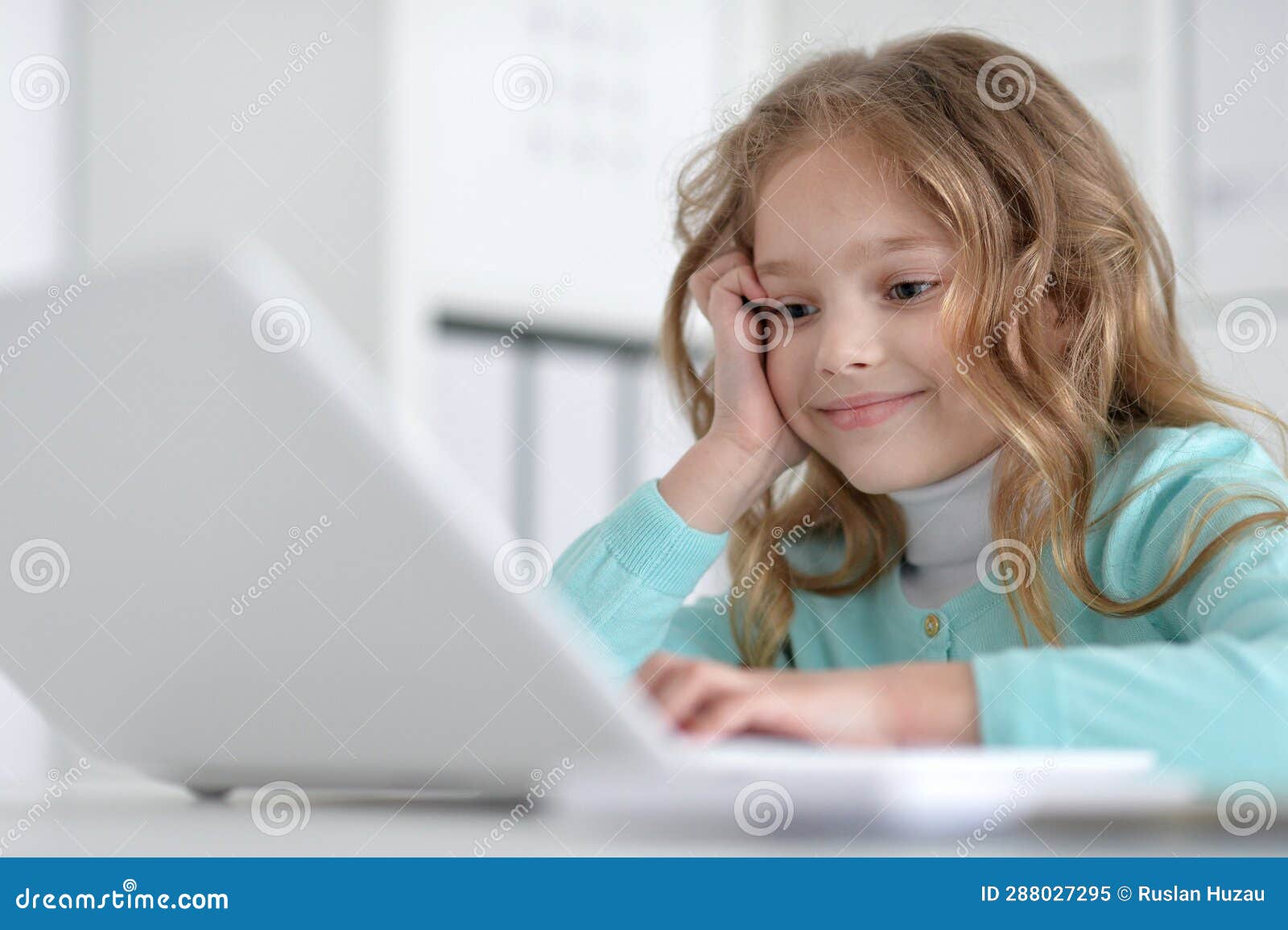 Cute and Happy Little Girl Children Using Laptop Computer Stock Image ...