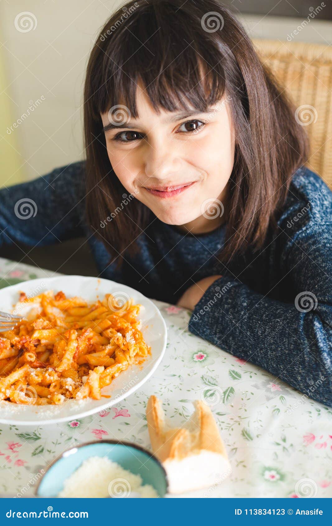 Happy Little Girl Enjoying Pasta Stock Image - Image of penne, dish:  113834123