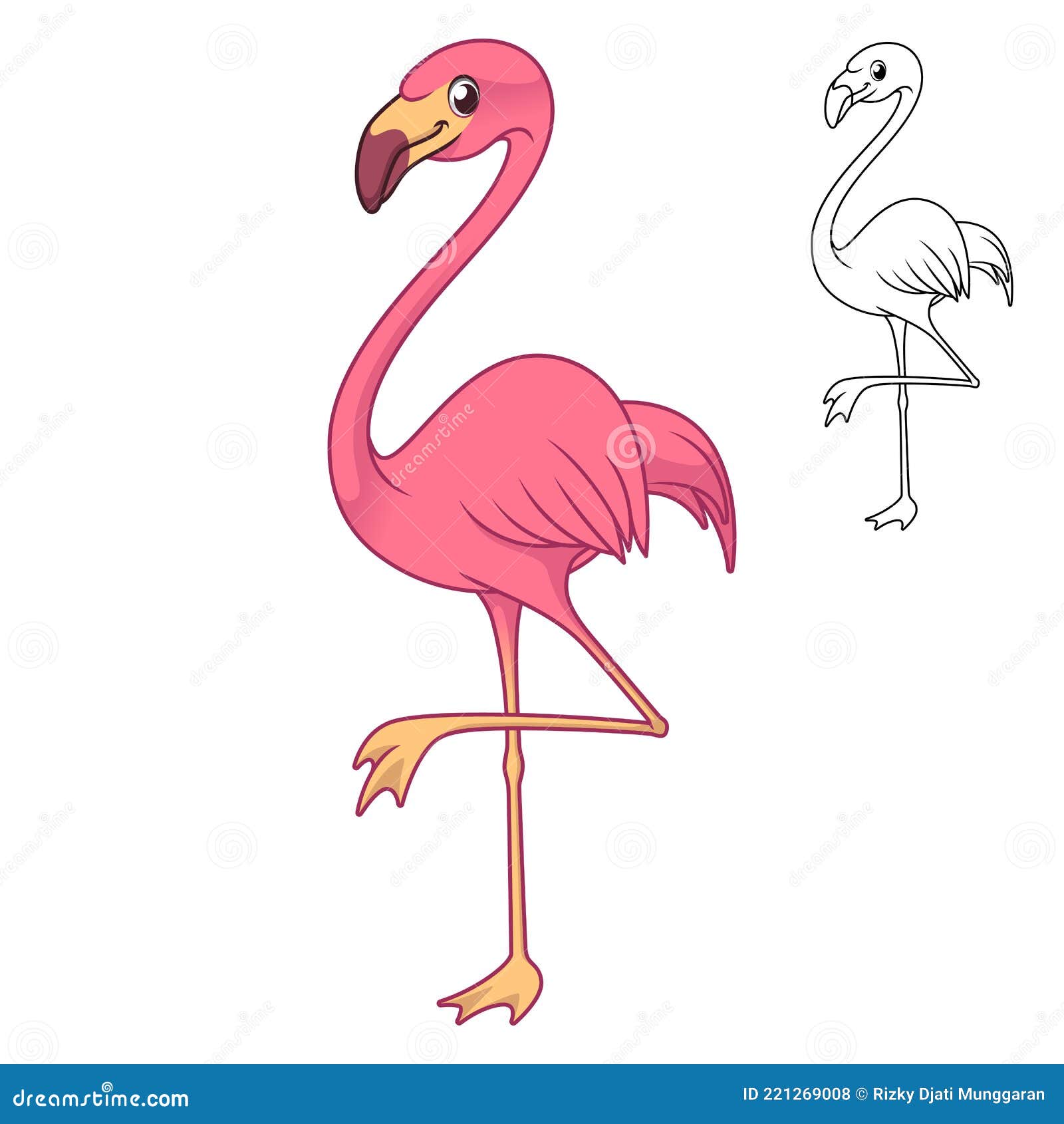 Cute Happy Pink Flamingo with Line Art Drawing Stock Vector - Illustration  of adorable, isolated: 221269008